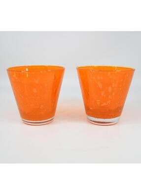 Pottery Barn Monterey Art Glass Orange 3" Old Fashioned Tumblers Bubbles Cased